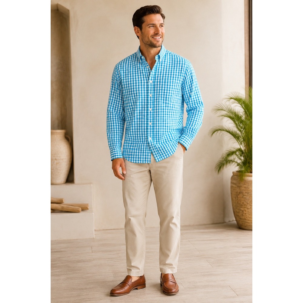 Mason James Men's XL Turquoise Gingham Stretch Button Down Shirt Long Sleeve